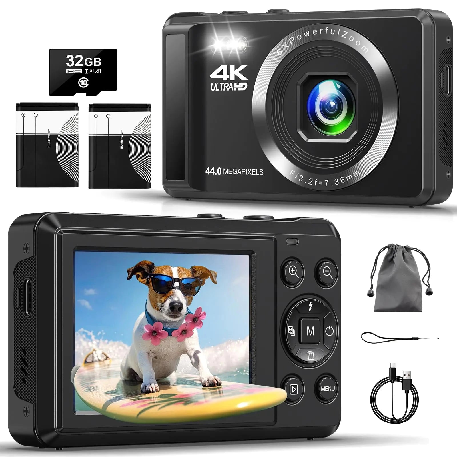 Digital Camera - 4K 44MP UHD Autofocus Digital Camera with 16X Zoom 32GB SD Card