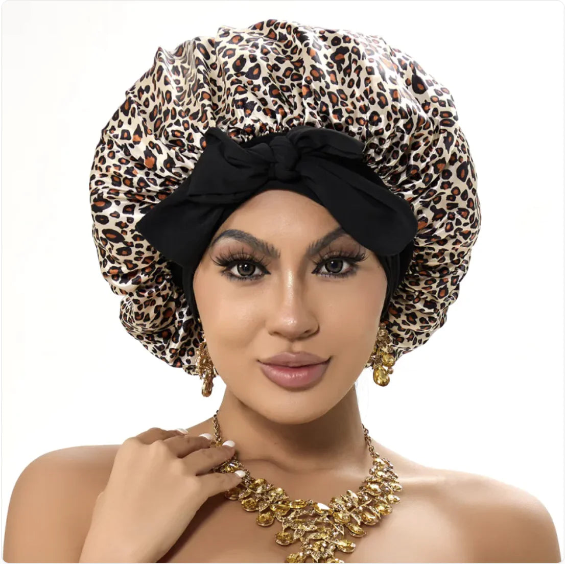 Nik & Nakks Large Leopard Print Double-Layer Wide-Brimmed Sleep Cap Headscarf Double-Layer Wide-Brimmed Sleep Cap Headscarf