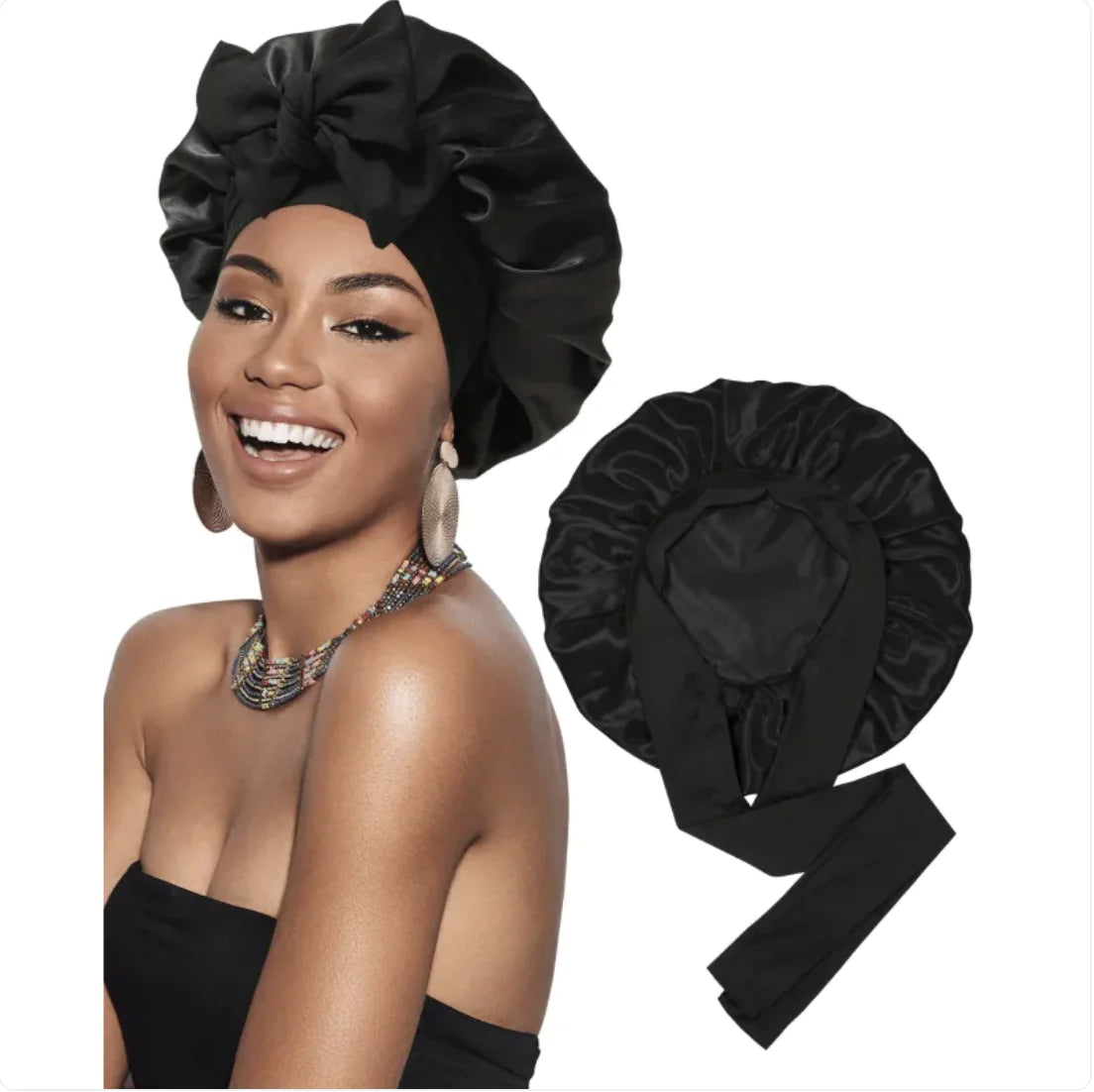 Nik & Nakks Medium Black Double-Layer Wide-Brimmed Sleep Cap Headscarf Double-Layer Wide-Brimmed Sleep Cap Headscarf