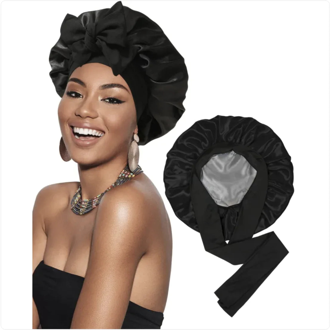 Nik & Nakks Medium Black Silver Double-Layer Wide-Brimmed Sleep Cap Headscarf Double-Layer Wide-Brimmed Sleep Cap Headscarf