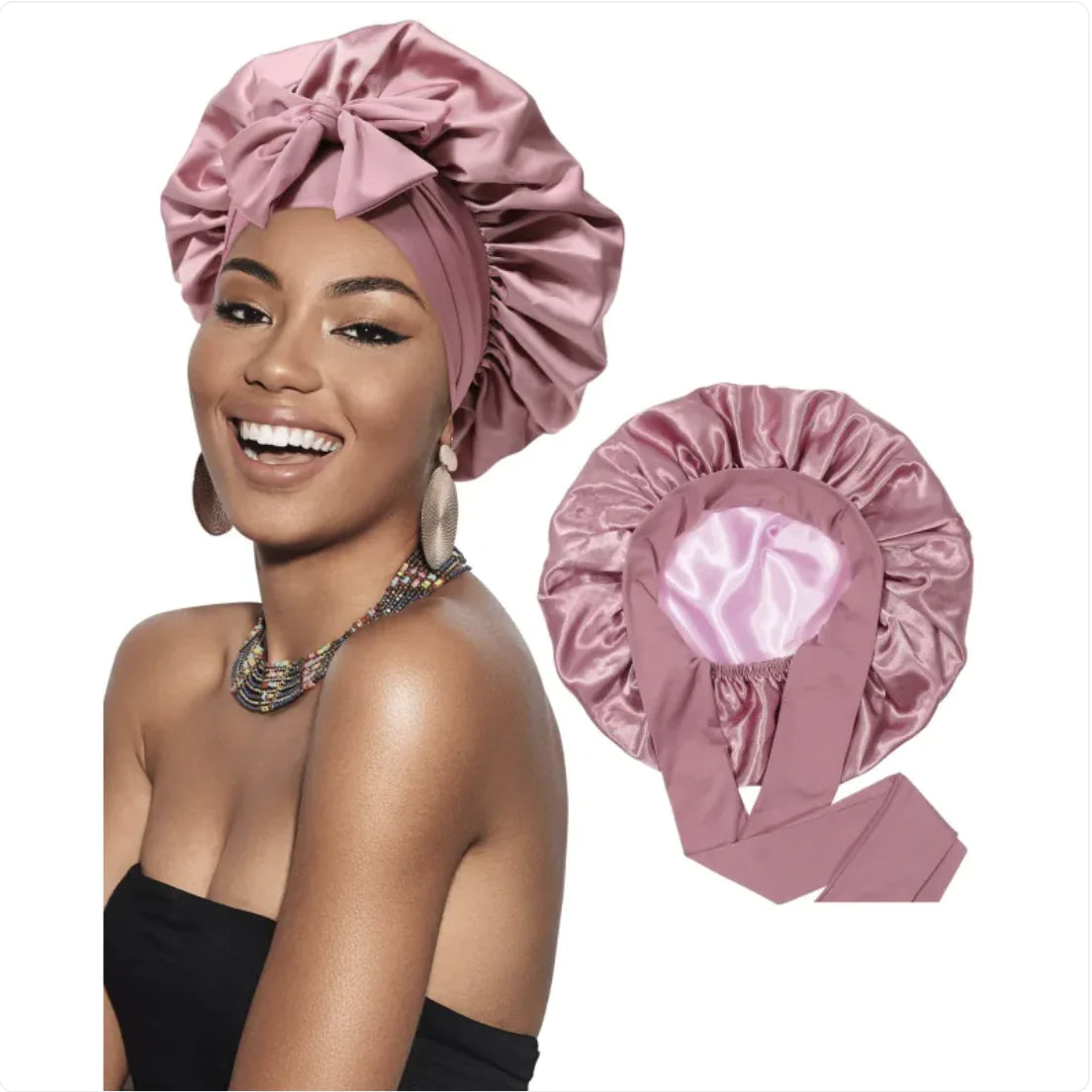 Nik & Nakks Medium Light Bean Paste Red Double-Layer Wide-Brimmed Sleep Cap Headscarf Double-Layer Wide-Brimmed Sleep Cap Headscarf