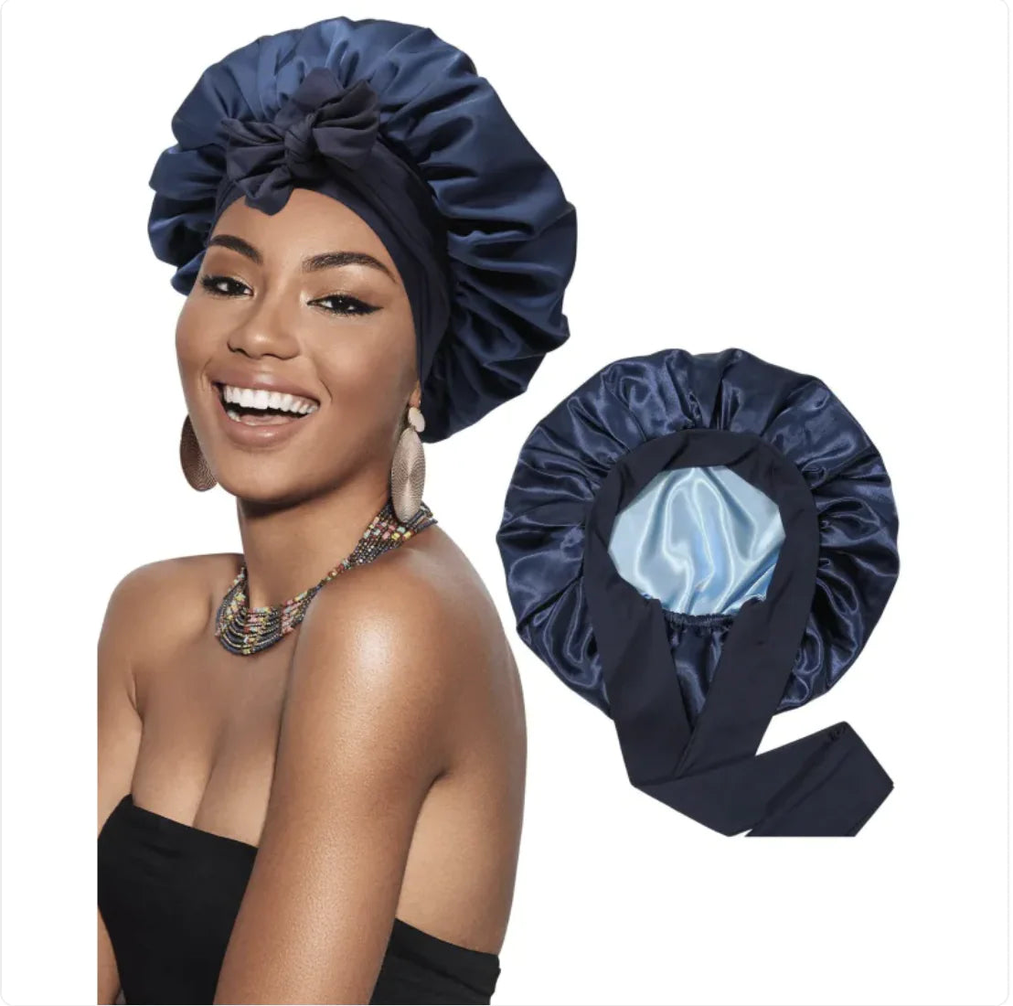 Nik & Nakks Medium Navy Blue Double-Layer Wide-Brimmed Sleep Cap Headscarf Double-Layer Wide-Brimmed Sleep Cap Headscarf