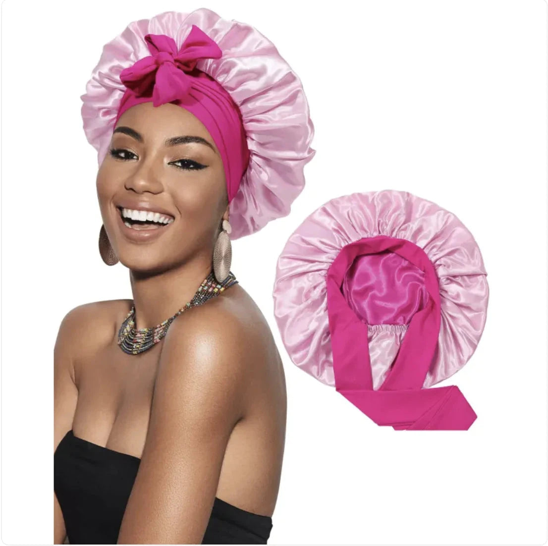 Nik & Nakks Medium Pink Double-Layer Wide-Brimmed Sleep Cap Headscarf Double-Layer Wide-Brimmed Sleep Cap Headscarf