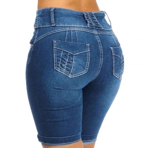 Nik & Nakks Blue / M Vintage Knee Length Stretchy Denim Jeans Shorts High Waist Bodycon Jeans Shorts