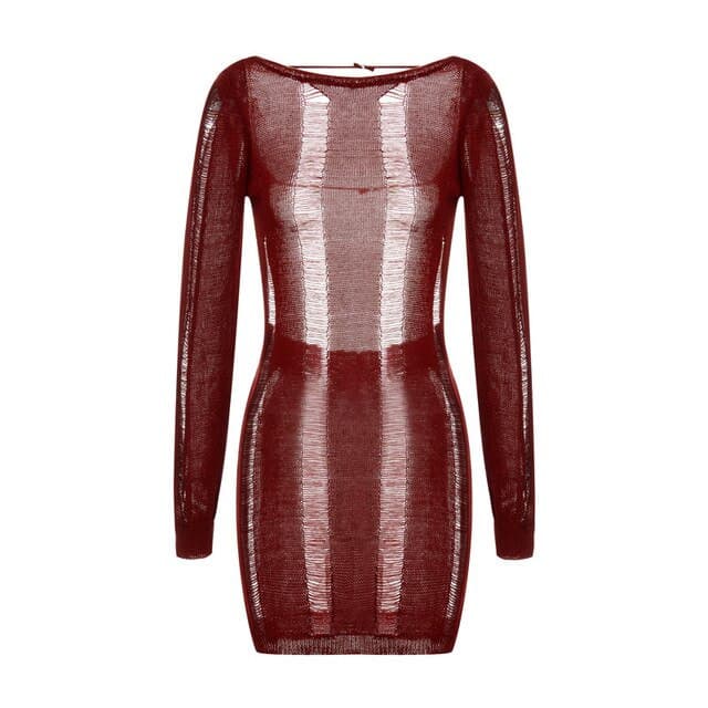 Nik & Nakks Claret / L See-Through O-neck Long Sleeve Bodycon Dress