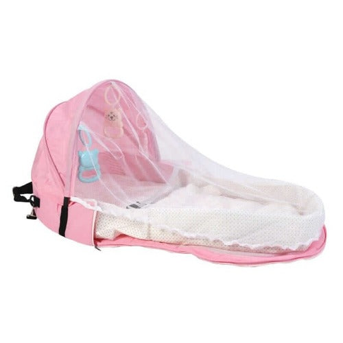 Nik & Nakks Pink Baby Bassinet Travel Backpack With Sun Protection Mosquito Net
