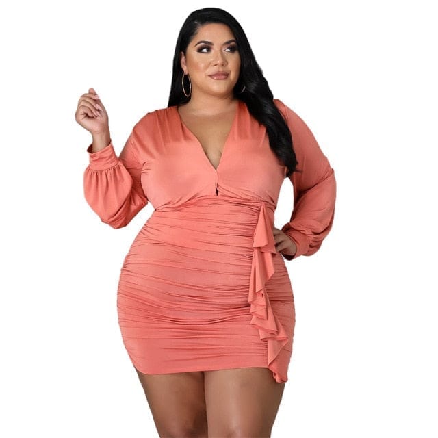 Nik & Nakks Pink / L Women's Autumn Plus Size Party Dresses Longsleeve V Neck Mini Dress