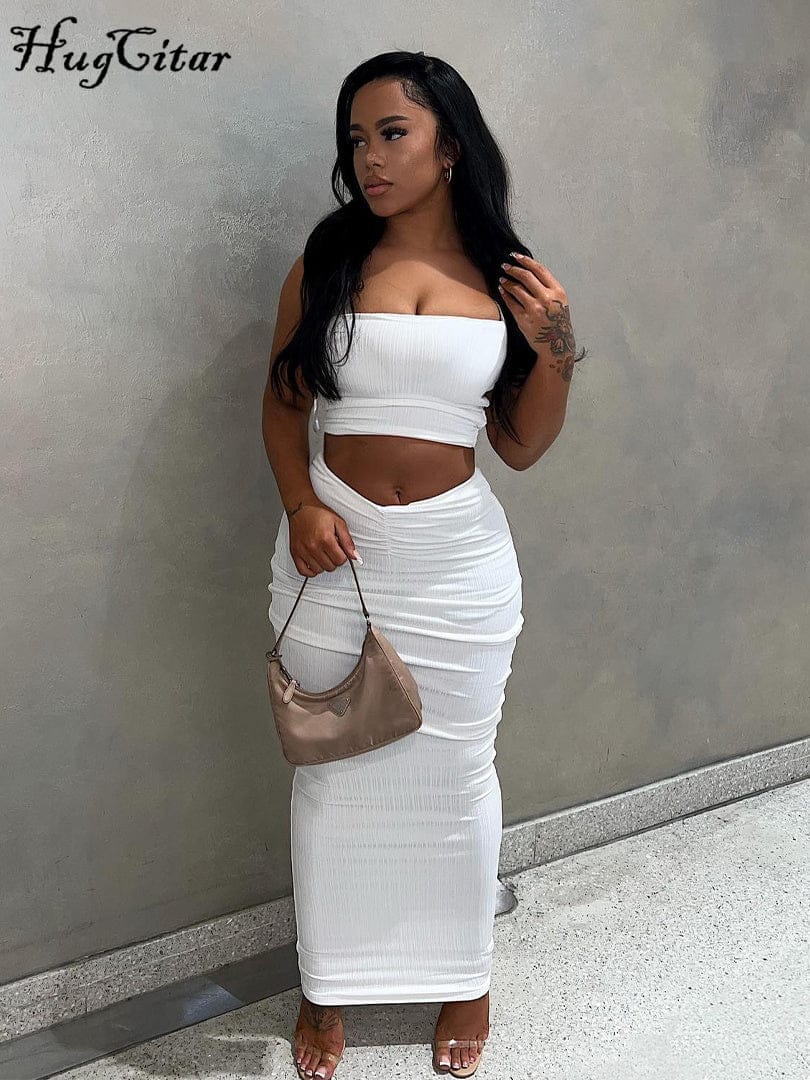 Nik & Nakks Strapless Crop Top Maxi Party Dress Solid Color 2pc Summer Dress