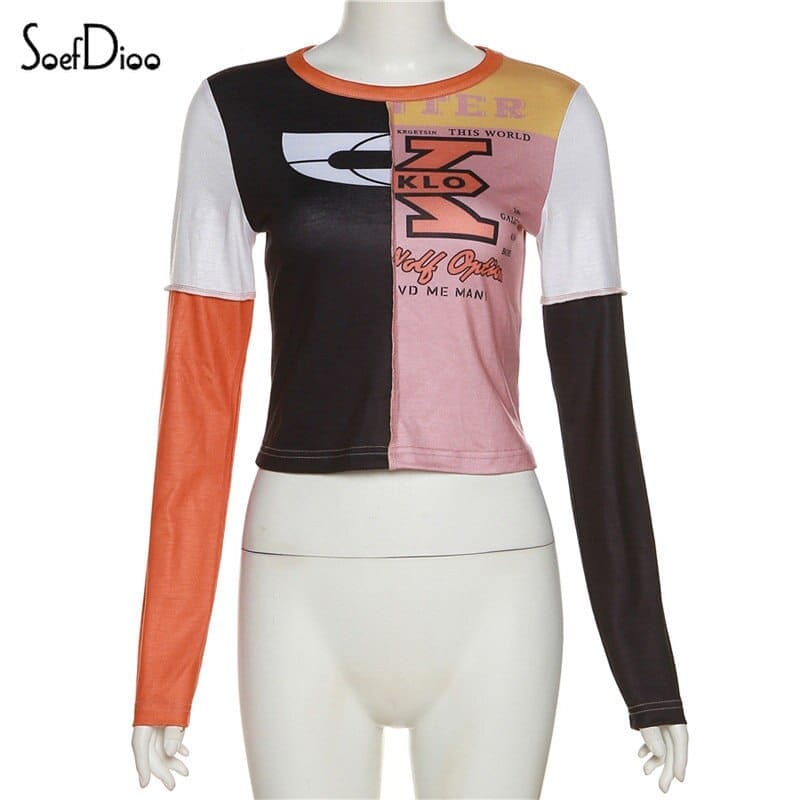 Nik & Nakks Women's Patchwork Letter Print Casual Crew Neck Long Sleeve Shirt