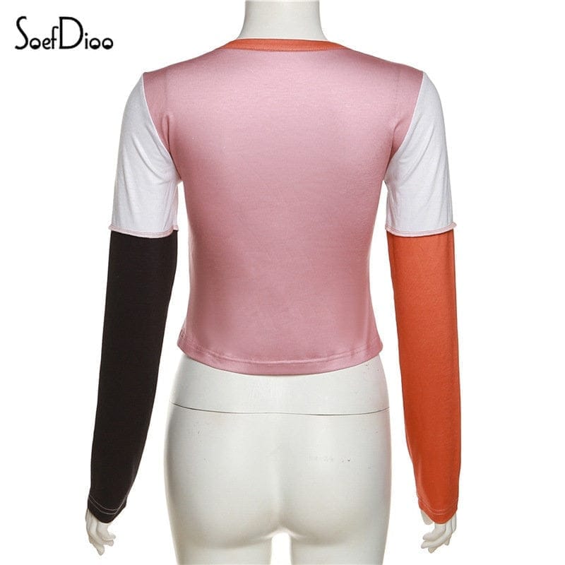 Nik & Nakks Women's Patchwork Letter Print Casual Crew Neck Long Sleeve Shirt