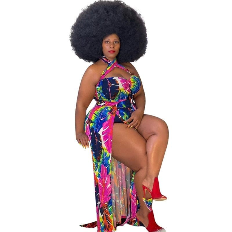 Nik & Nakks Women's Sexy Plus Size Halter Neck Floral Print High Split Maxi Dress