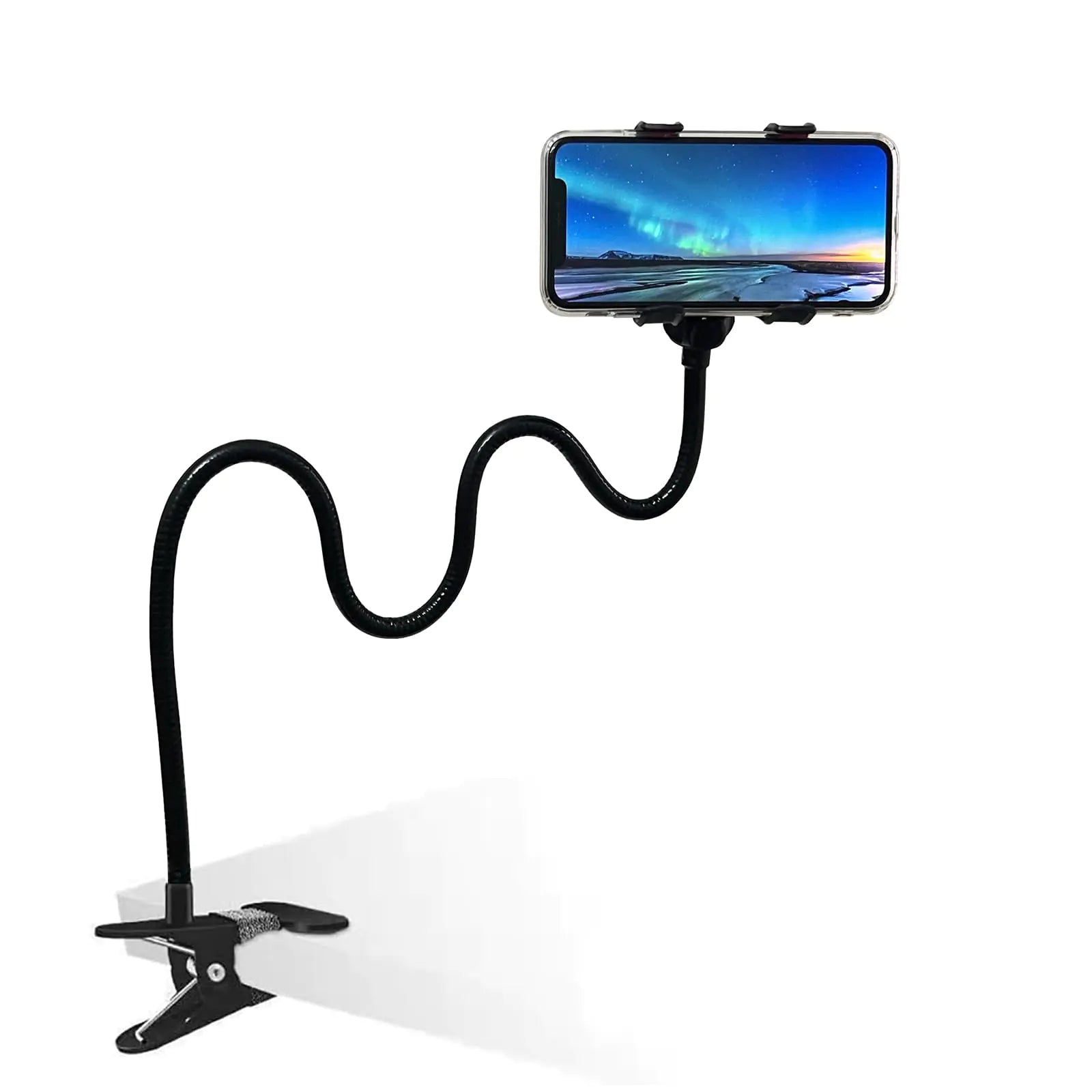Nik & Nakks Black Gooseneck Cell Phone Holder with Adjustable Clamp for Bedroom Office or Kitchen (Black) Gooseneck Cell Phone Holder with Adjustable Clamp for Bedroom Office or Kitchen (Black)