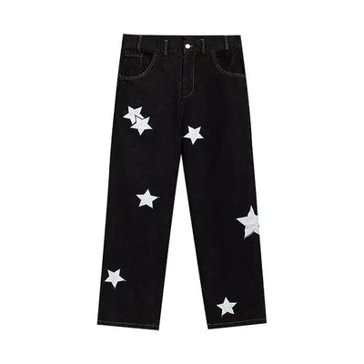 Black / L Pointed Star Embroidered Loose Jeans