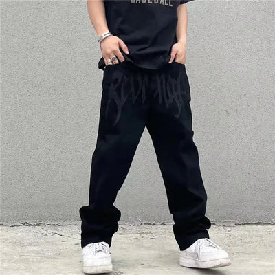 Black / S(165-168cm 45kg) Streetwear Embroidery Baggy Jeans
