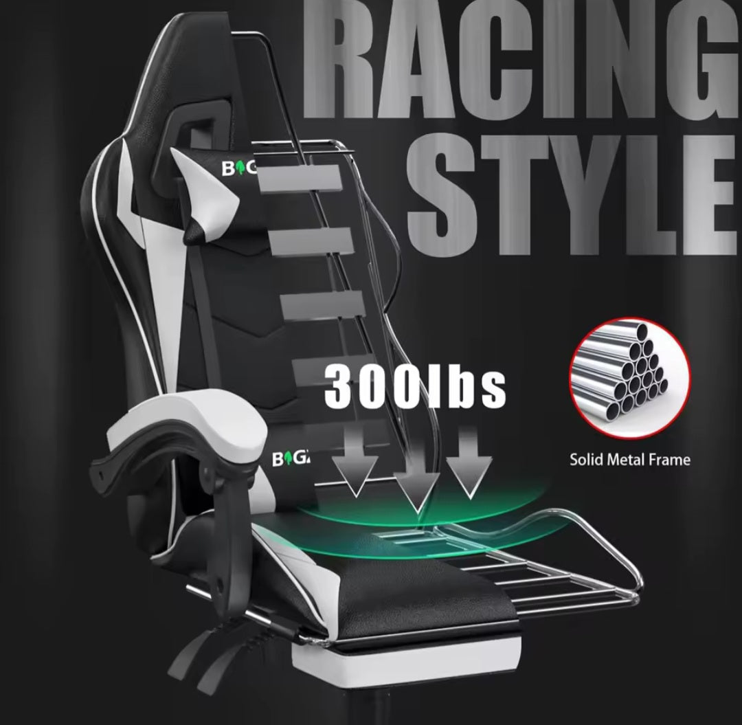 Nik & Nakks Black/White With Footrest Gaming Chair with Headrest and Lumbar Support Gaming Chair with Headrest and Lumbar Support
