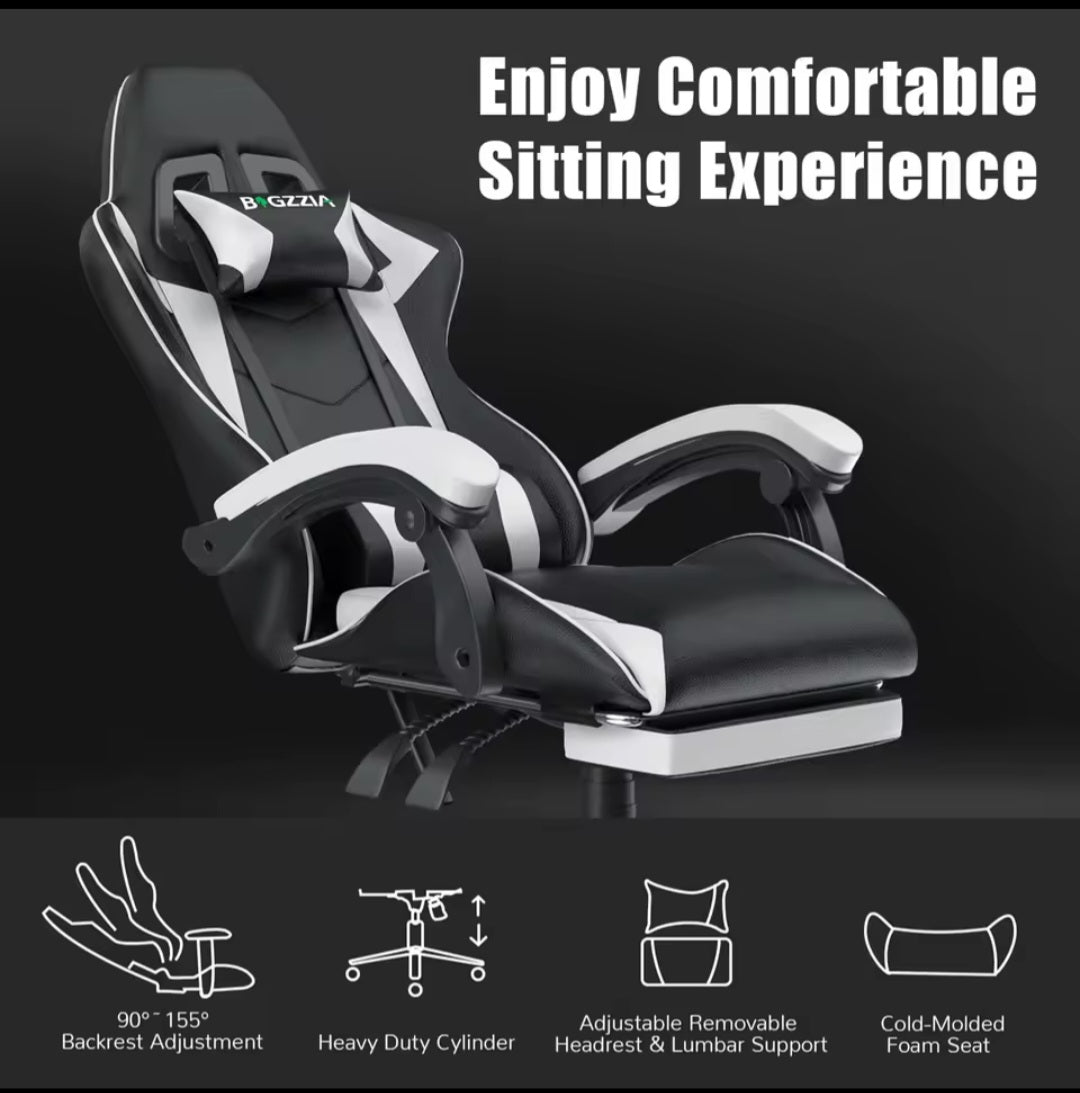 Nik & Nakks Black/White With Footrest Gaming Chair with Headrest and Lumbar Support Gaming Chair with Headrest and Lumbar Support