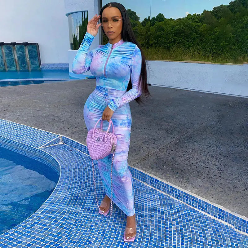 Nik & Nakks Blue / M Autumn Digital Print Long Sleeve Bodycon Dress for Women Autumn Digital Print Long Sleeve Bodycon Dress for Women