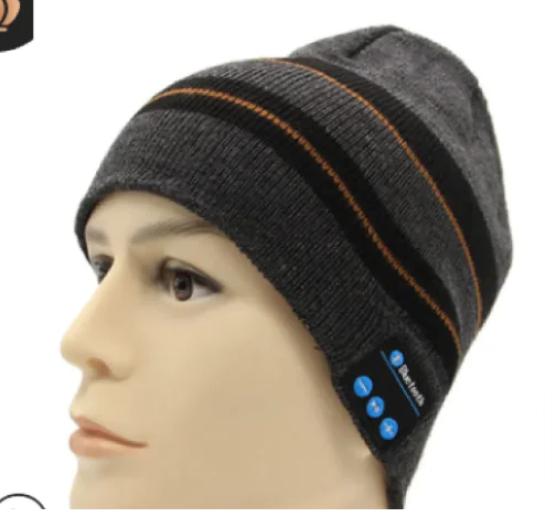 Nik & Nakks Gray Orange Stripe Wireless Bluetooth Knitted Hat Calls Music Stereo Wireless Bluetooth Knitted Hat Calls Music Stereo