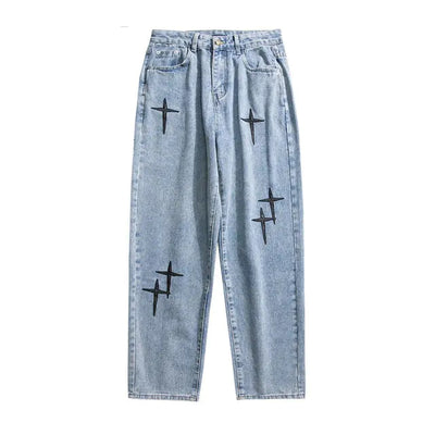Light Blue / L 57-67kg Embroidered Jeans Men's Straight Loose