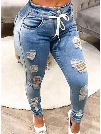 Light Blue / L Mid Rise Distressed Trouser