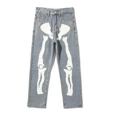 Light Blue / L Wide Leg Skeleton Print Jeans