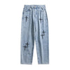 Blue / S 40-45kg Embroidered Jeans Men's Straight Loose