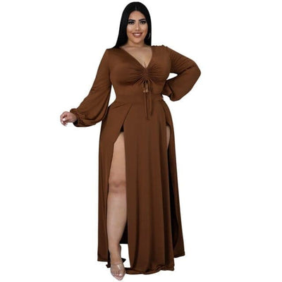 Nik & Nakks Auburn / XXXL Solid Color Plus Size Women's Long Sleeve High Slit Maxi Dress