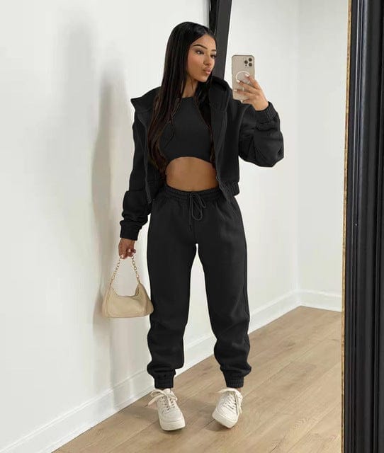 Nik & Nakks Black / L Women's Three Piece Autumn Trouser Set Solid Colorblock Lounge Wear