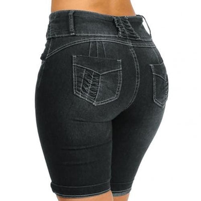 Nik & Nakks Black / M Vintage Knee Length Stretchy Denim Jeans Shorts High Waist Bodycon Jeans Shorts