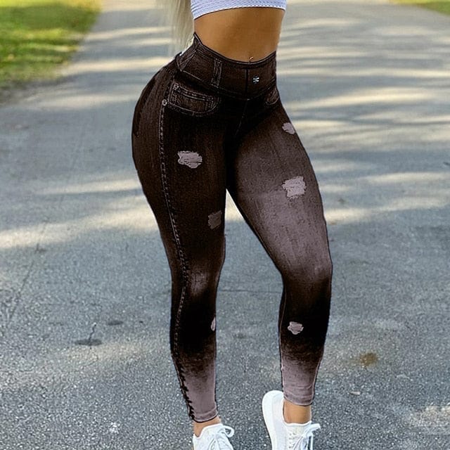 Nik & Nakks Black / M Womens Faux Denim Jean Leggings High Waist Denim Print Pull On Jeggings