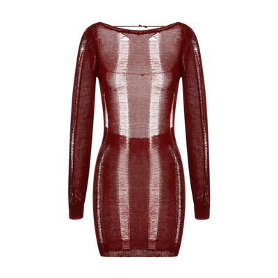 Nik & Nakks Claret / L See-Through O-neck Long Sleeve Bodycon Dress