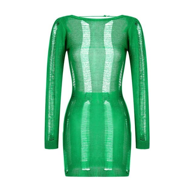 Nik & Nakks Green / M See-Through O-neck Long Sleeve Bodycon Dress