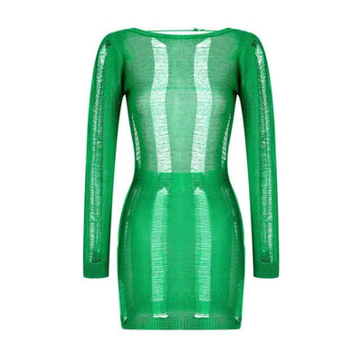 Nik & Nakks Green / M See-Through O-neck Long Sleeve Bodycon Dress