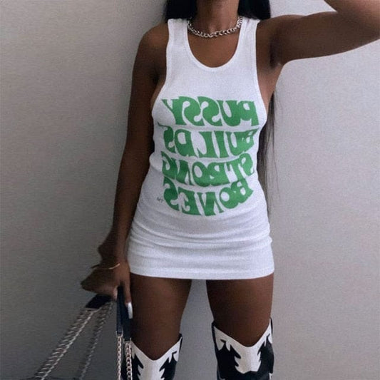 Nik & Nakks Green / S Letter Print White Ribbed Tank Dress Scoop Neck Sleeveless Tank Dresses
