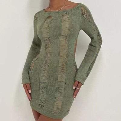 Nik & Nakks Light Green / M See-Through O-neck Long Sleeve Bodycon Dress