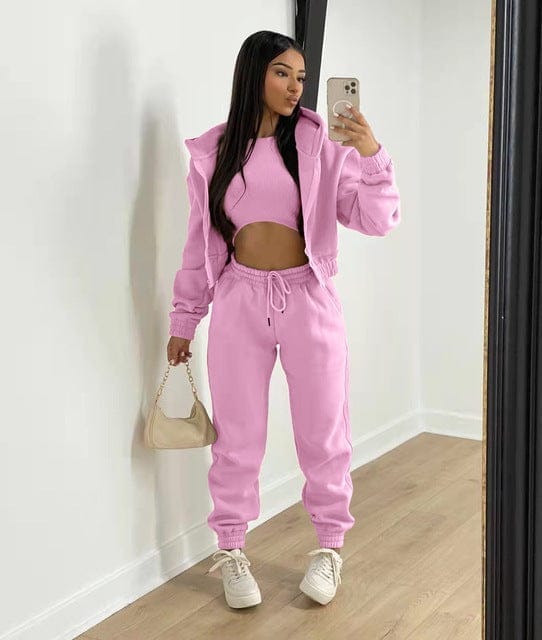Nik & Nakks Pink / XXL Women's Three Piece Autumn Trouser Set Solid Colorblock Lounge Wear
