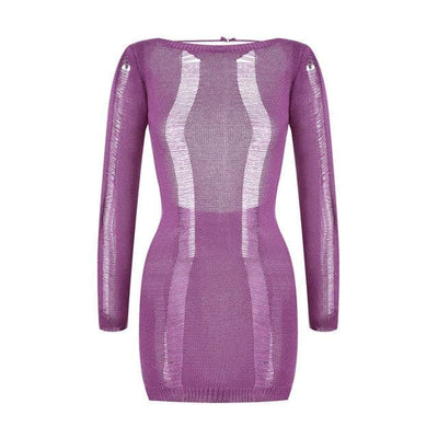 Nik & Nakks Purple / L See-Through O-neck Long Sleeve Bodycon Dress