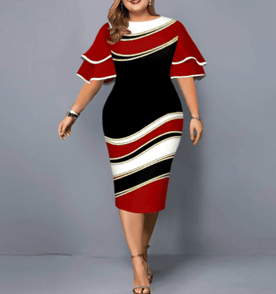 Nik & Nakks Red / 5XL Women's Light-weight Elegant Plus Size Cocktail Dress with Flared Sleeves