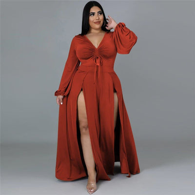 Nik & Nakks Solid Color Plus Size Women's Long Sleeve High Slit Maxi Dress