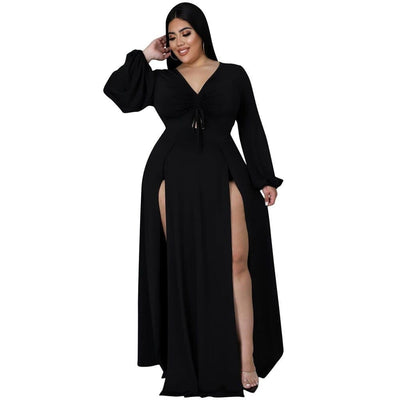 Nik & Nakks Solid Color Plus Size Women's Long Sleeve High Slit Maxi Dress