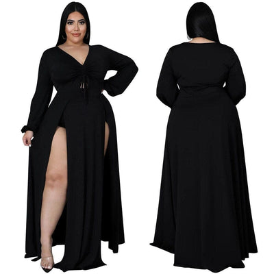 Nik & Nakks Solid Color Plus Size Women's Long Sleeve High Slit Maxi Dress