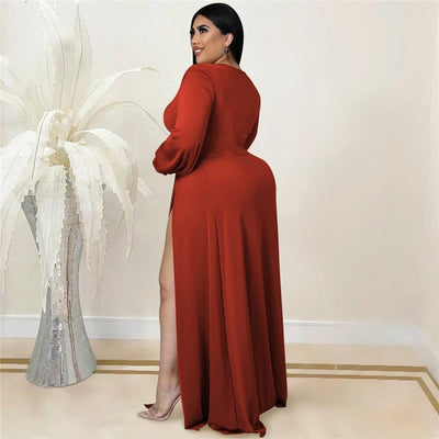 Nik & Nakks Solid Color Plus Size Women's Long Sleeve High Slit Maxi Dress