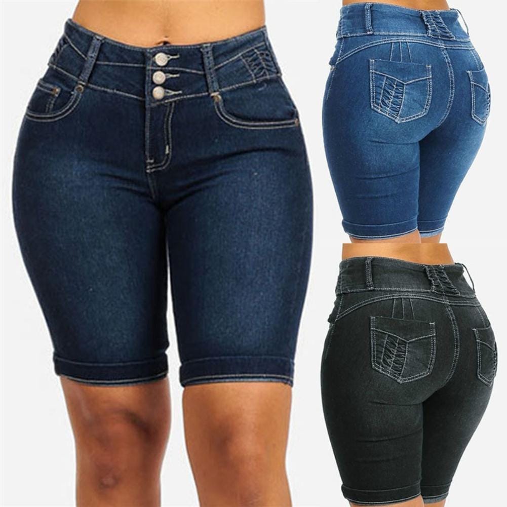 Nik & Nakks Vintage Knee Length Stretchy Denim Jeans Shorts High Waist Bodycon Jeans Shorts