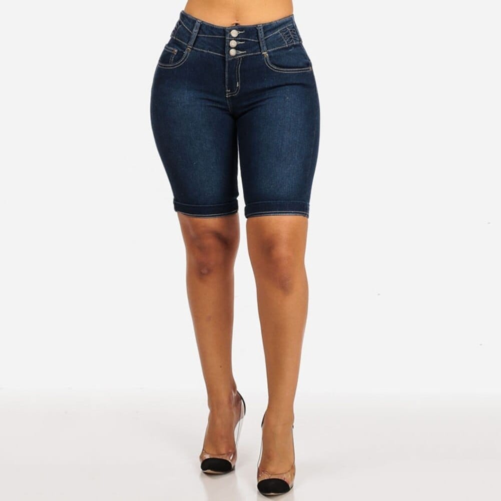 Nik & Nakks Vintage Knee Length Stretchy Denim Jeans Shorts High Waist Bodycon Jeans Shorts