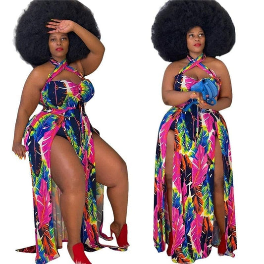 Nik & Nakks Women's Sexy Plus Size Halter Neck Floral Print High Split Maxi Dress