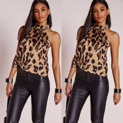 Nik & Nakks Women's Sexy Sleeveless Leopard Print Blouse Halter Top Shirt