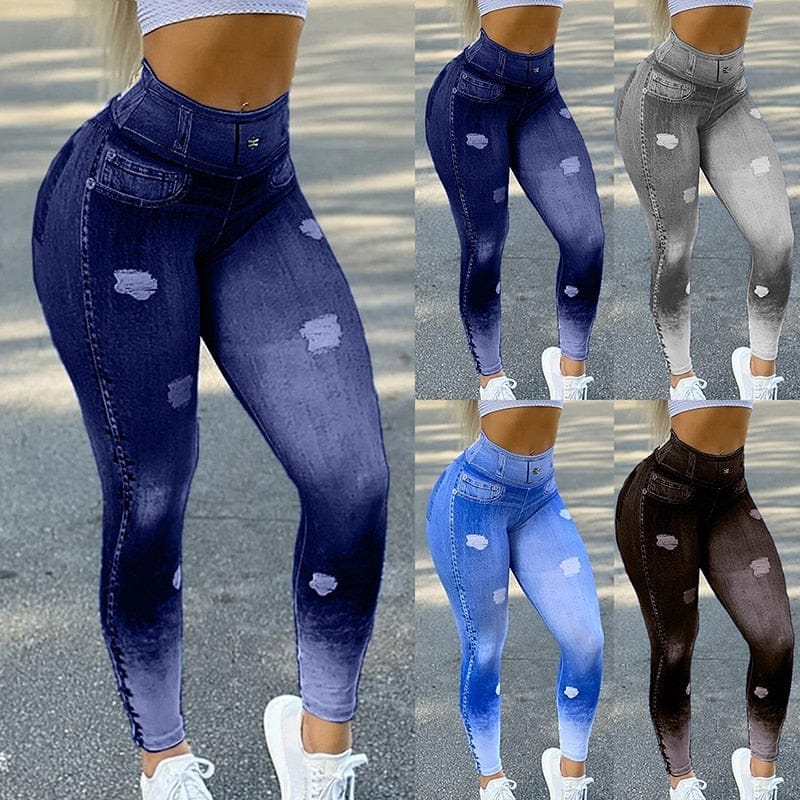 Nik & Nakks Womens Faux Denim Jean Leggings High Waist Denim Print Pull On Jeggings